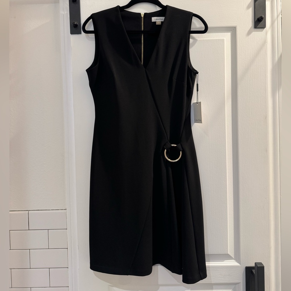 NWT Calvin Klein Black Sleeveless Sheath Dress Gold Hoop Detail Size 6